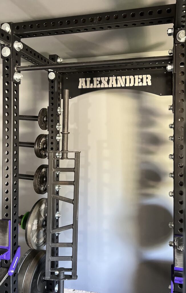 Football bar and rack belonging to Kathryn Alexander, Austin personal trainer